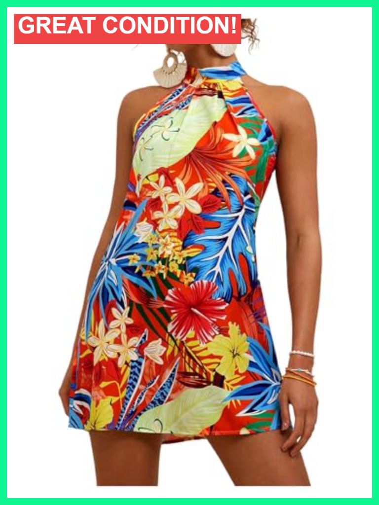Sleeveless Floral Print Halter Neck A Line Sundress Lightweight